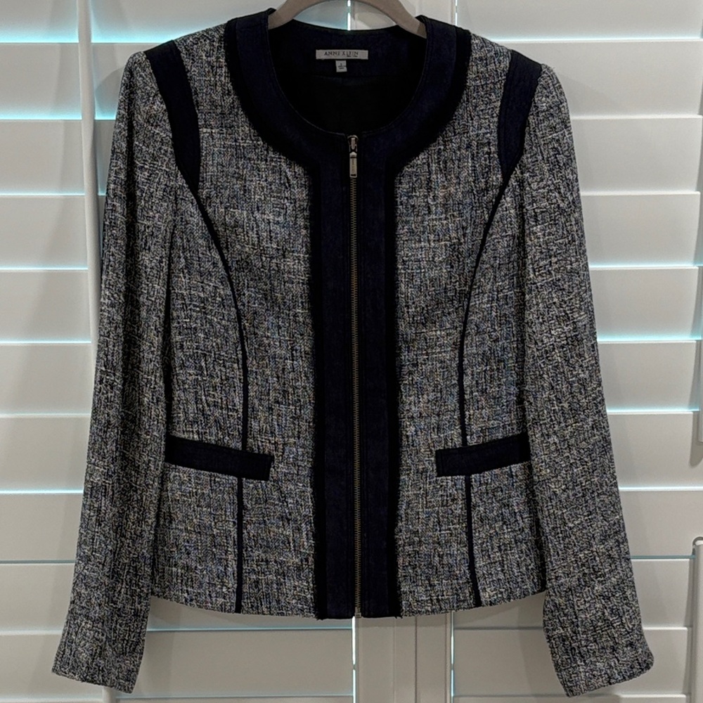 Tweed Anne Klein Blue and Gray Blazer with Denim accents.